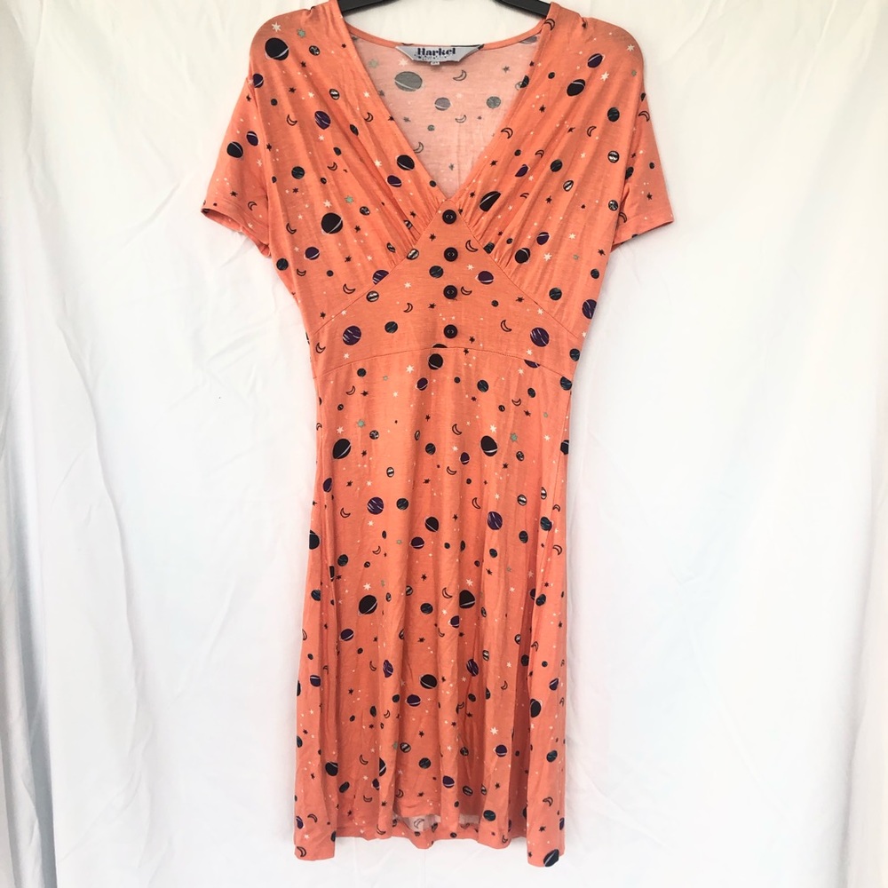Harkel womens short sleeve v neck knee length stars moon orange dress 4 retro